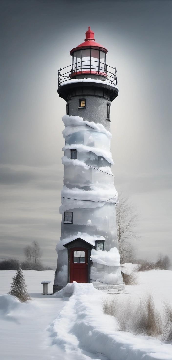 Image with seed 2789048708 generated via Stable Diffusion through @stablehorde@sigmoid.social. Prompt: Create a photorealistic picture of a snowy landscape with a lighthouse. Lighthouse is wrapped with plastic bags and waste