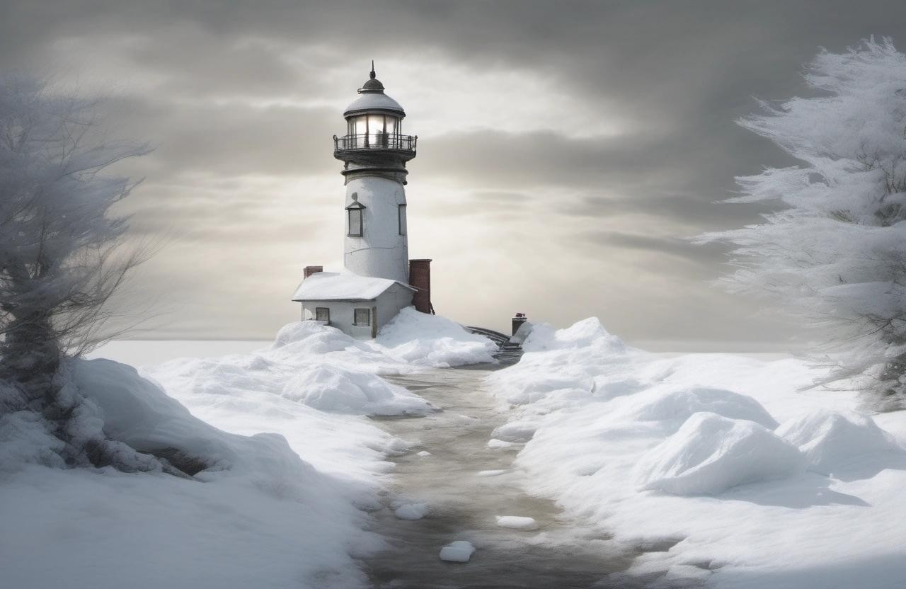 Image with seed 4082423178 generated via Stable Diffusion through @stablehorde@sigmoid.social. Prompt: Create a photorealistic picture of a snowy landscape with a lighthouse. Lighthouse is wrapped with plastic bags and waste