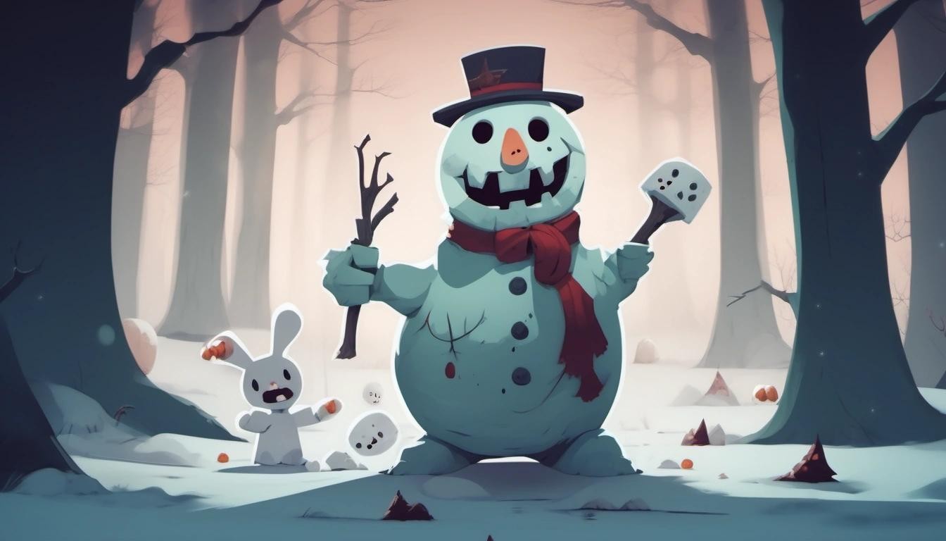 Image with seed 3349047331 generated via Stable Diffusion through @stablehorde@sigmoid.social. Prompt: a picture of a zombie that looks like a snowman and who is eating cute rabbits in a spooky forest at night