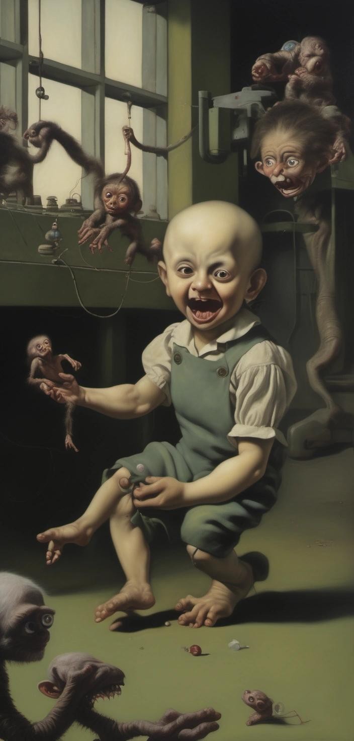 Image with seed 322180904 generated via Stable Diffusion through @stablehorde@sigmoid.social. Prompt: a surrealistic painting of a grotesque child playing with a one eyed monkey in a factory setting