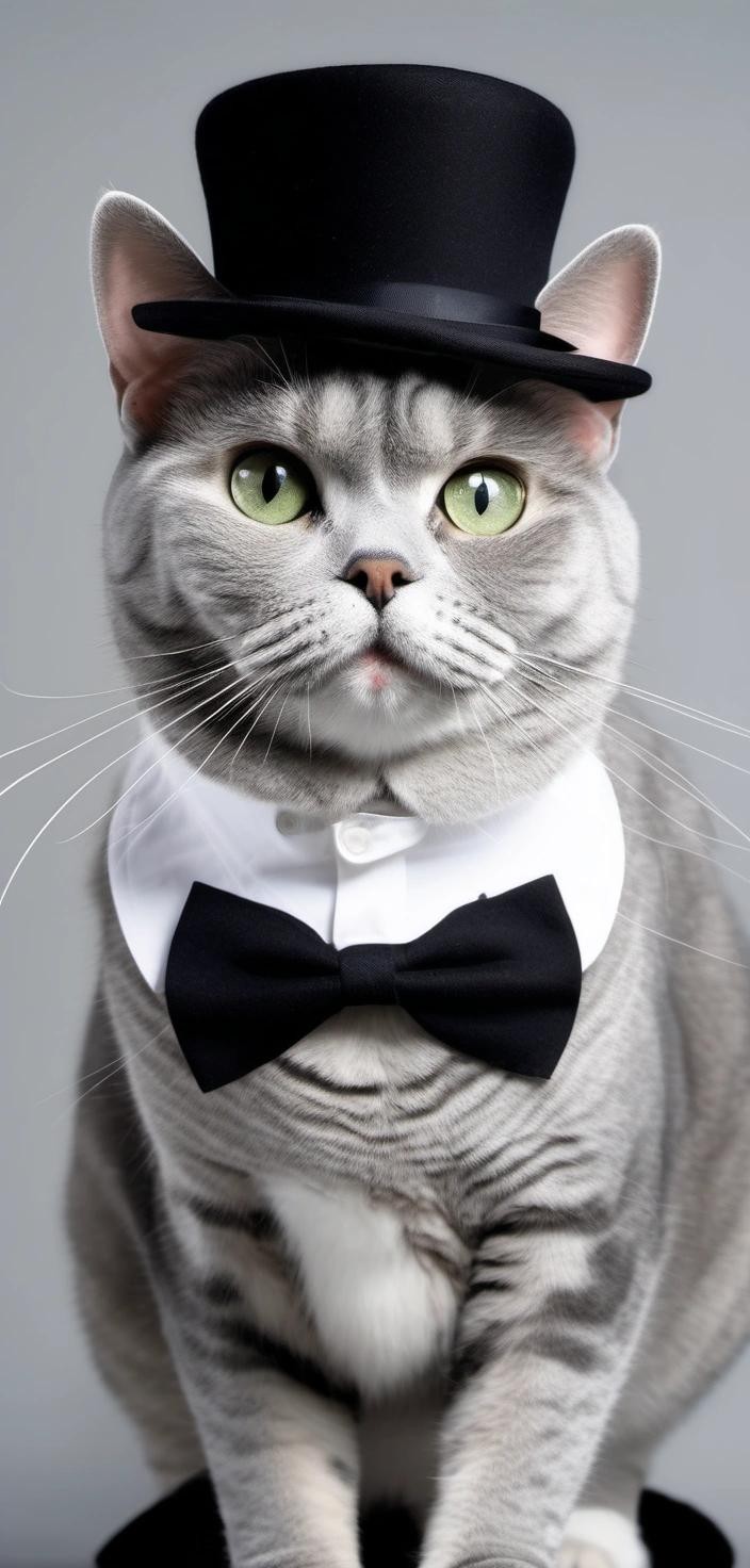 Image with seed 1240346983 generated via Stable Diffusion through @stablehorde@sigmoid.social. Prompt: A silver tabby British Shorthair cat wearing a bowler hat and a bowtie