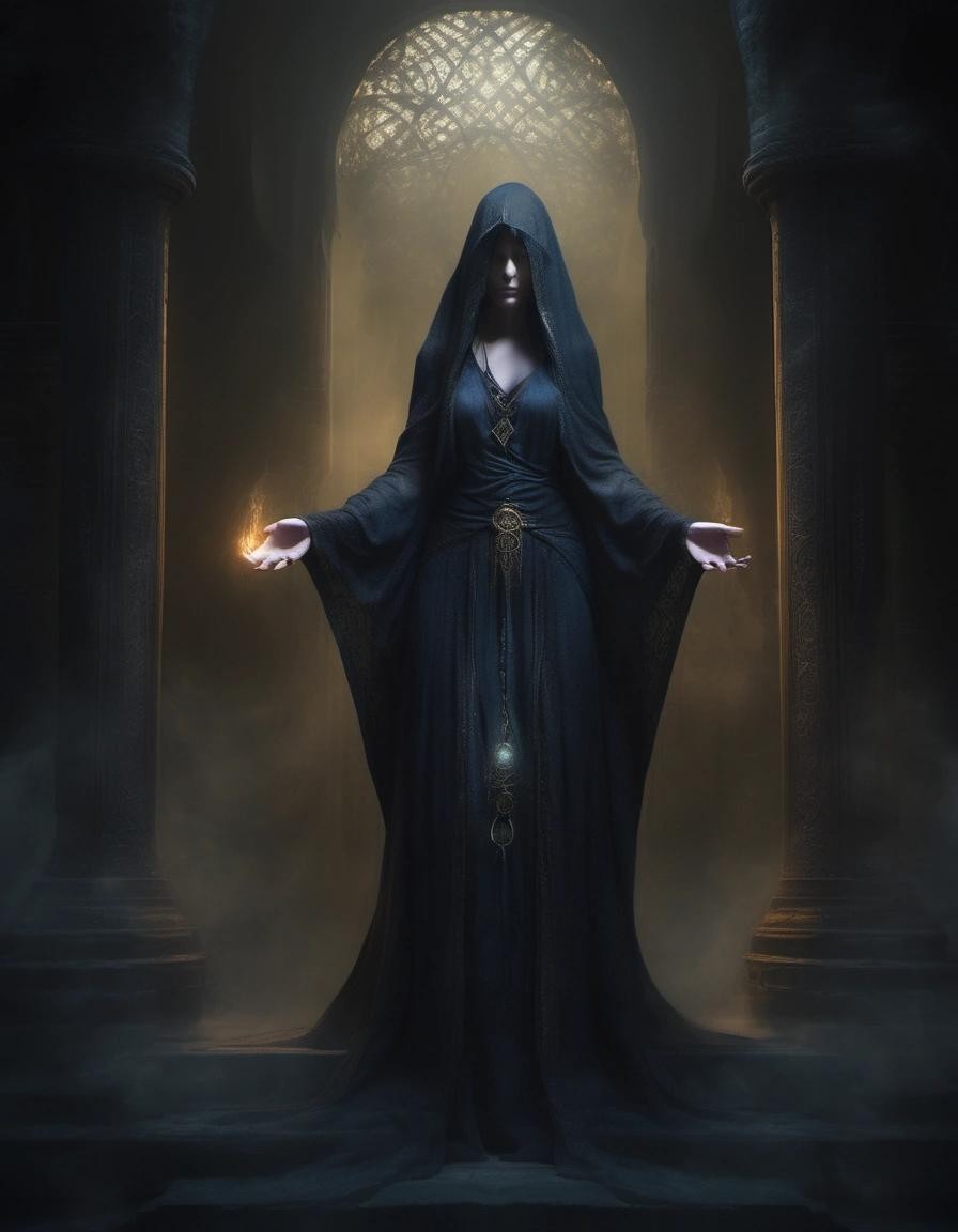 Image with seed 3466600400 generated via Stable Diffusion through @stablehorde@sigmoid.social. Prompt: A Veiled Priestess of the Silent God, dark fantasy, occult, magic, Temple background, Dungeons and Dragons, Wizards of the Coast