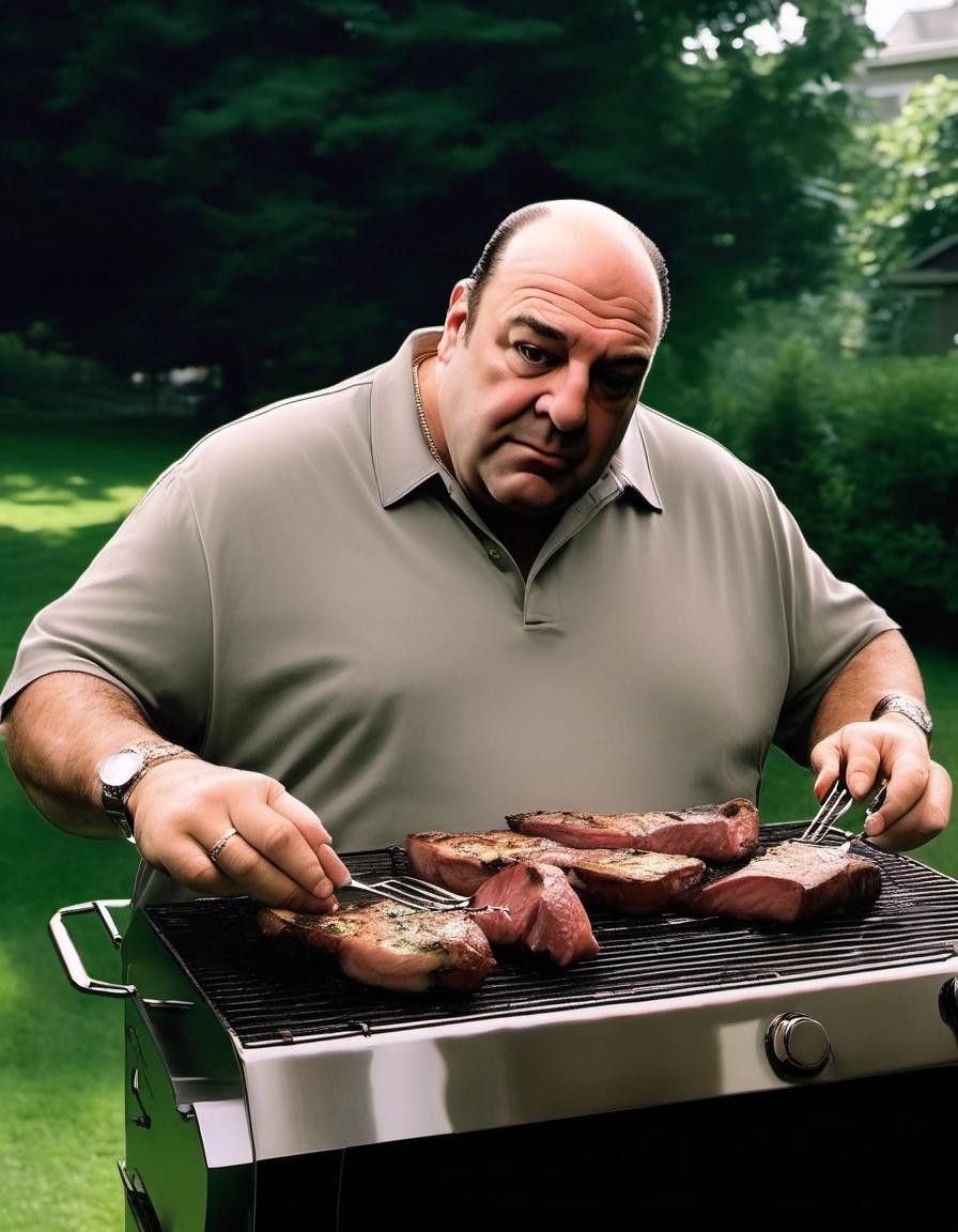Image with seed 1919527879 generated via Stable Diffusion through @stablehorde@sigmoid.social. Prompt: tony soprano roasting tweets on his grill for dinner