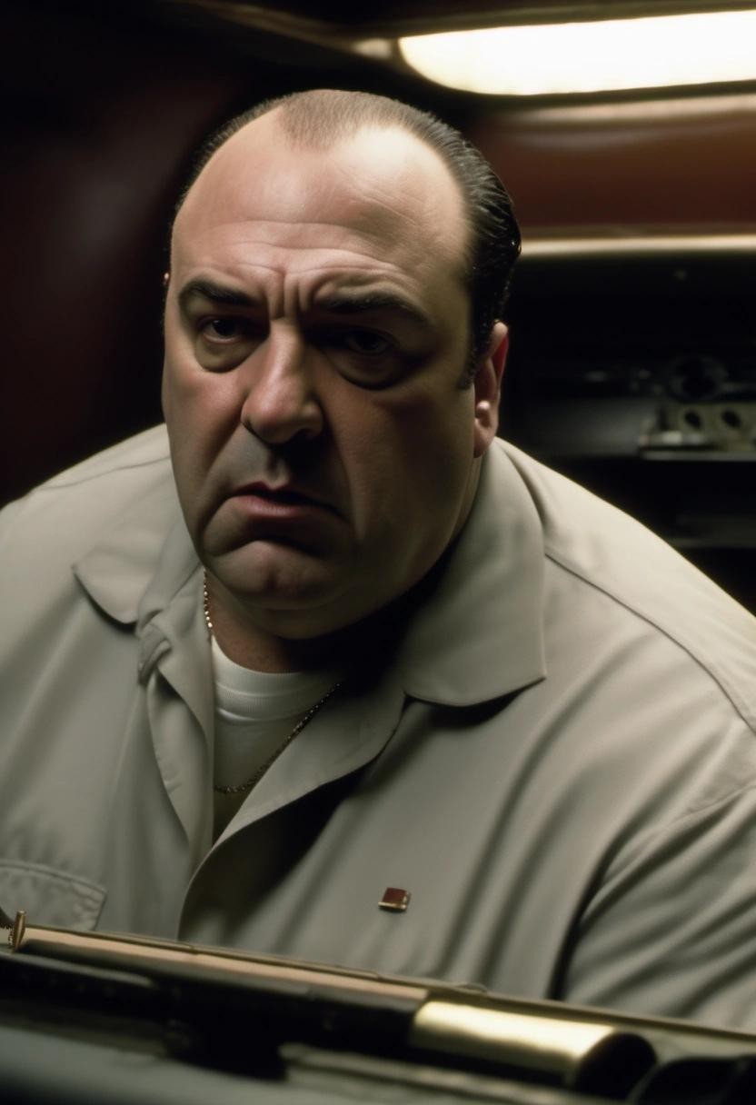 Image with seed 2813275537 generated via Stable Diffusion through @stablehorde@sigmoid.social. Prompt: tony soprano locked and loaded in the torpedo tube