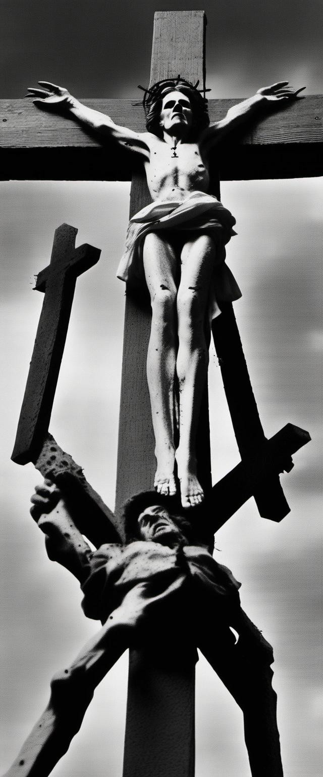 Image with seed 909839914 generated via Stable Diffusion through @stablehorde@sigmoid.social. Prompt: Margaret Thatcher being nailed to a cross in a crucifixion.