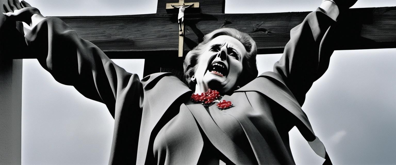 Image with seed 1036480519 generated via Stable Diffusion through @stablehorde@sigmoid.social. Prompt: Margaret Thatcher being nailed to a cross in a crucifixion.
