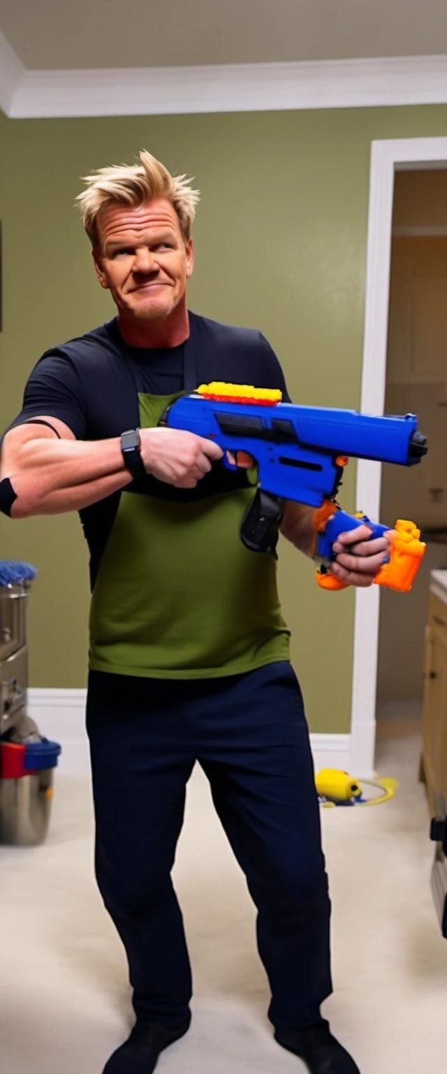 Image with seed 1666534038 generated via Stable Diffusion through @stablehorde@sigmoid.social. Prompt: Gordon Ramsay soaking Chuck Morbington with a nerf gun
