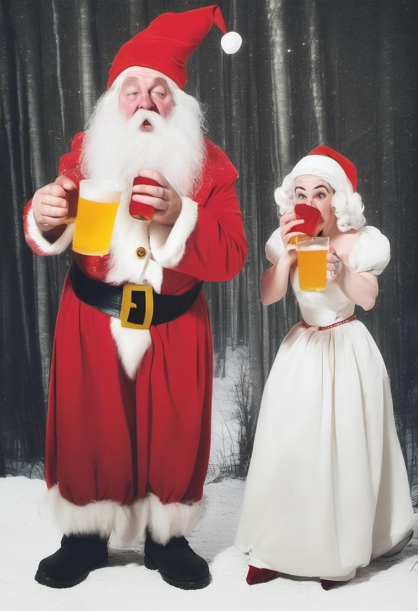 Image with seed 4022832445 generated via Stable Diffusion through @stablehorde@sigmoid.social. Prompt: Snow White and Father Christmas binge drinking and puking
