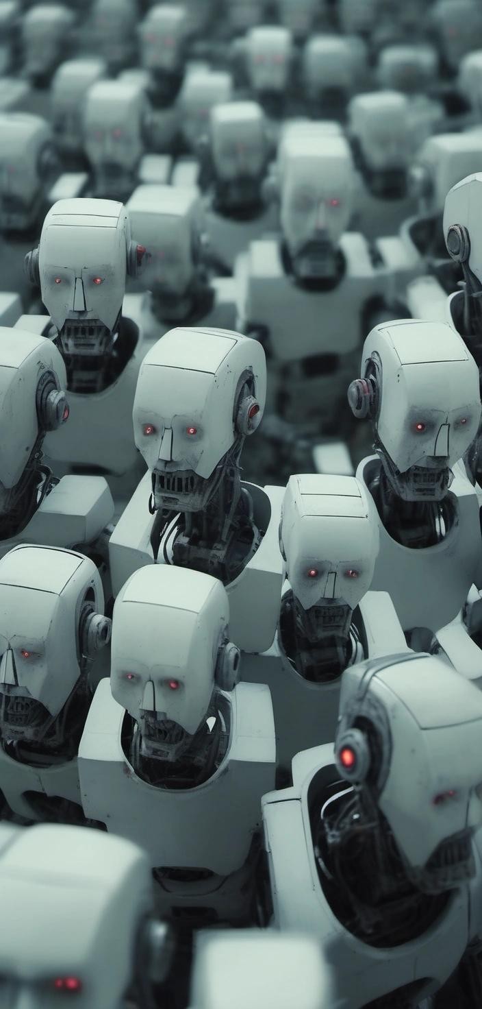 Image with seed 1209125145 generated via Stable Diffusion through @stablehorde@sigmoid.social. Prompt: Robots making robots. The death throes of humanity. Sinister overtones. Add muted colour tones to image in a very subtle way