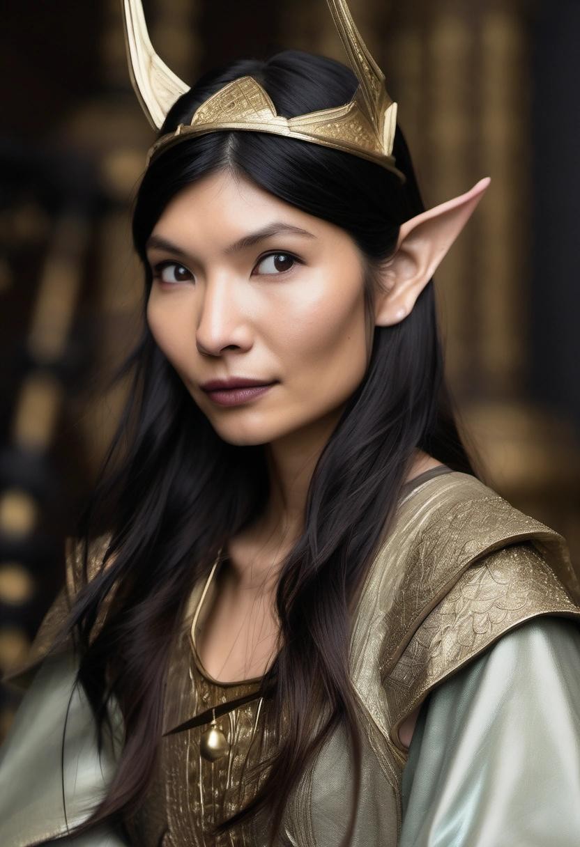 Image with seed 2111776723 generated via Stable Diffusion through @stablehorde@sigmoid.social. Prompt: Elf Princess Gemma Chan with pointy ears