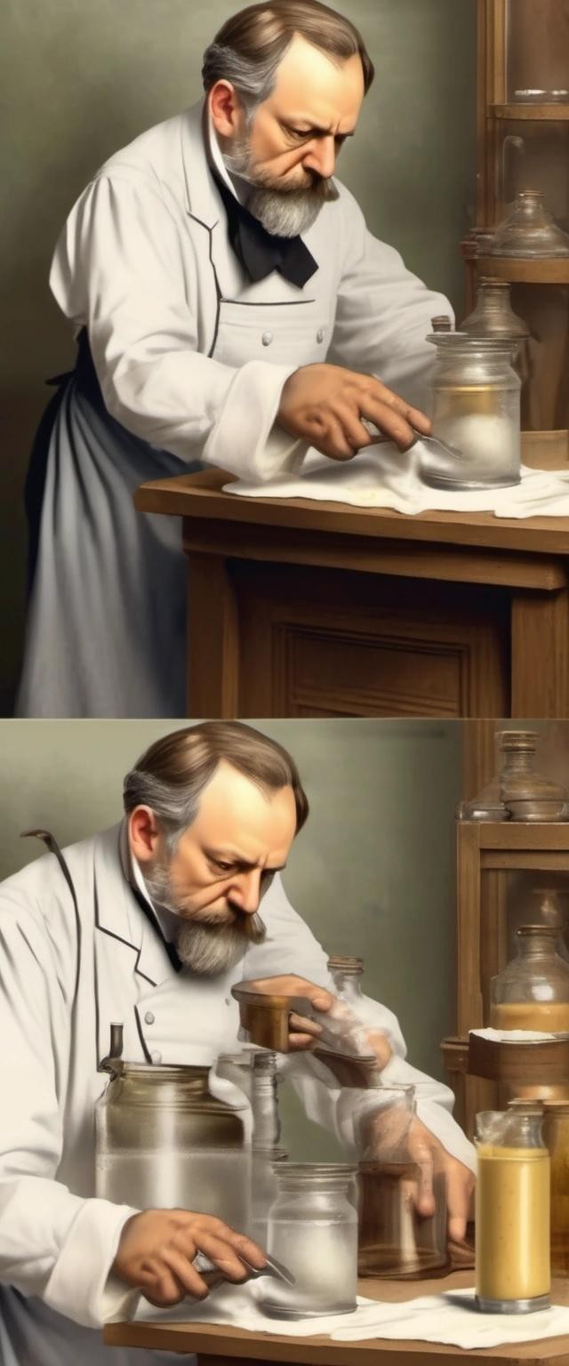 Image with seed 250341593 generated via Stable Diffusion through @stablehorde@sigmoid.social. Prompt: louis pasteur inventing pasteurization when trying to paste something twice at the same time