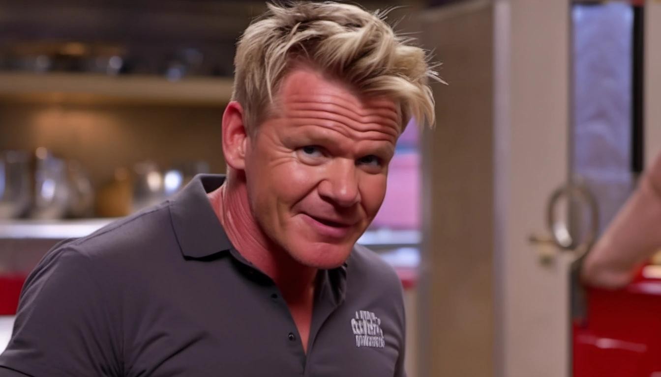 Image with seed 3601165957 generated via Stable Diffusion through @stablehorde@sigmoid.social. Prompt: gordon ramsay thinking about that time&nbsp;he did that thing in that place with that person