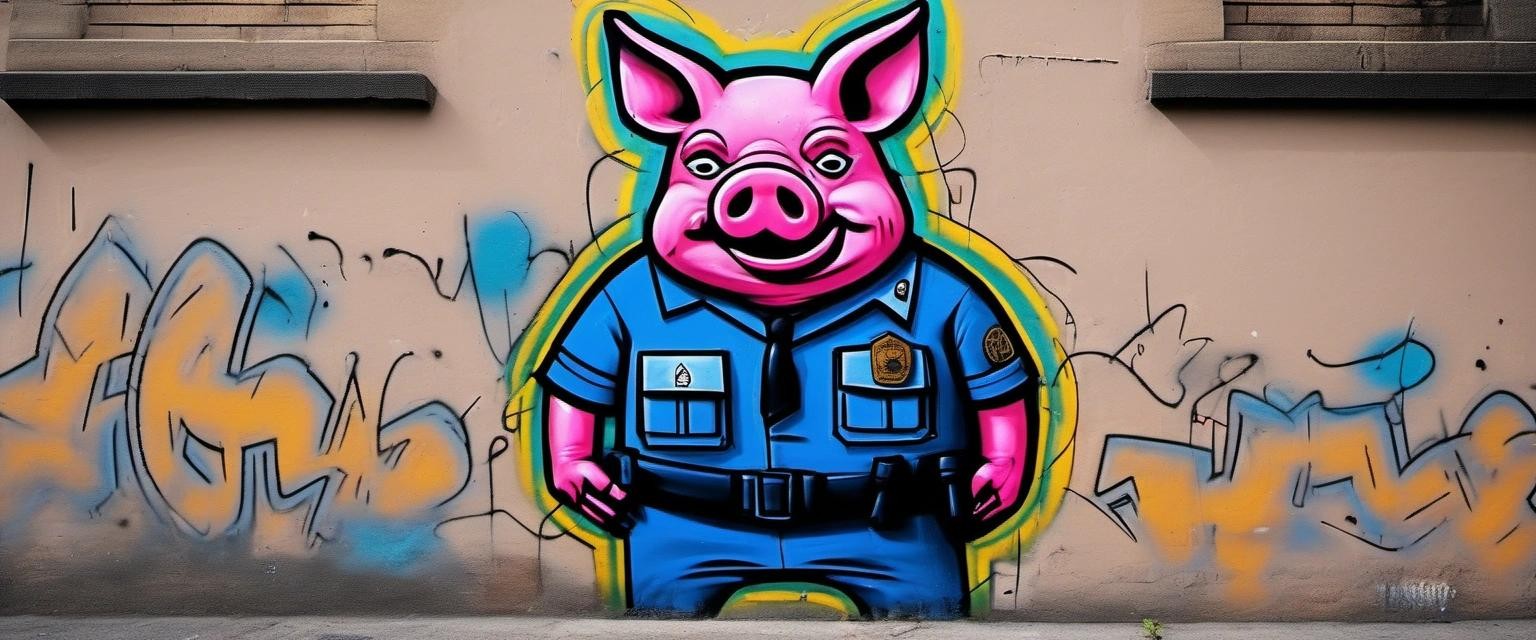 Image with seed 4097376628 generated via Stable Diffusion through @stablehorde@sigmoid.social. Prompt: Graffiti of an ugly anthropomorphic pig wearing a police uniform #acab