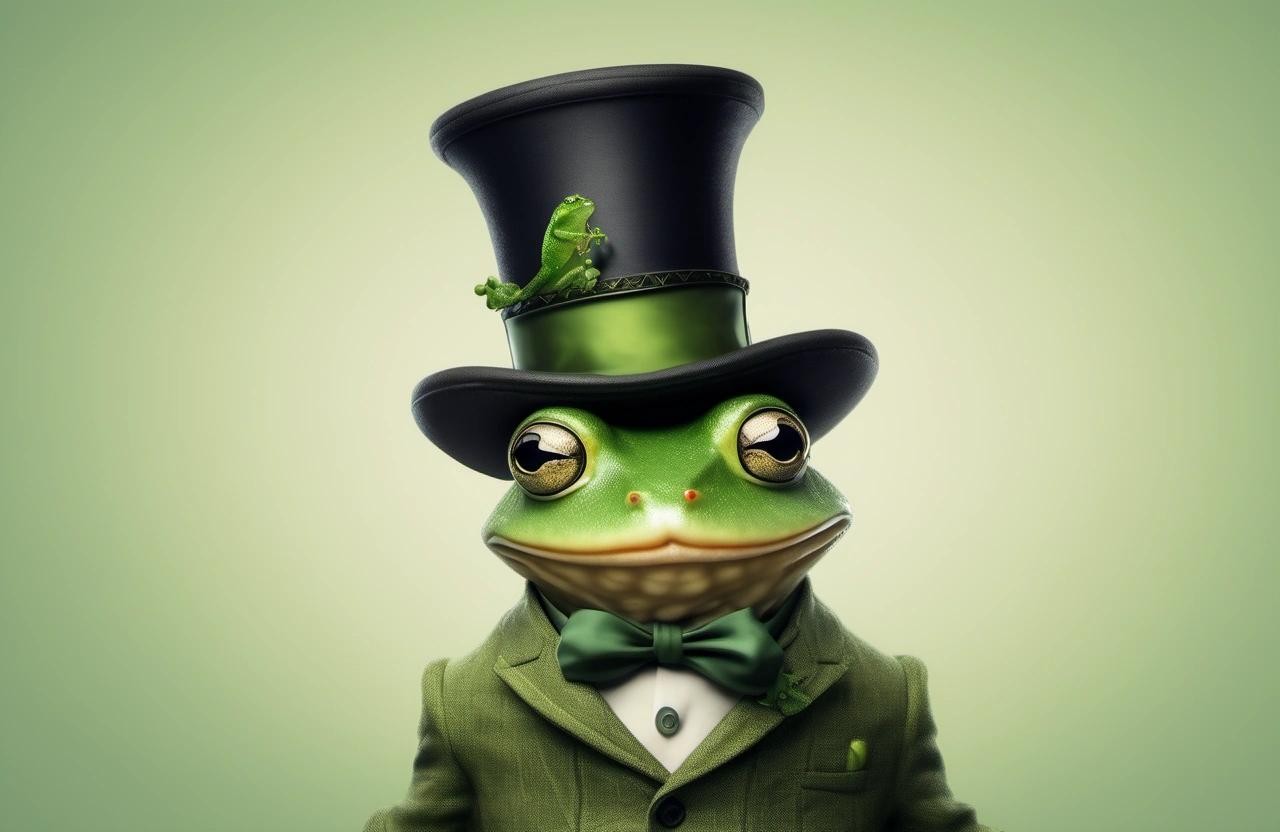 Image with seed 52768087 generated via Stable Diffusion through @stablehorde@sigmoid.social. Prompt: a cute anthropomorphic frog wearing a top hat