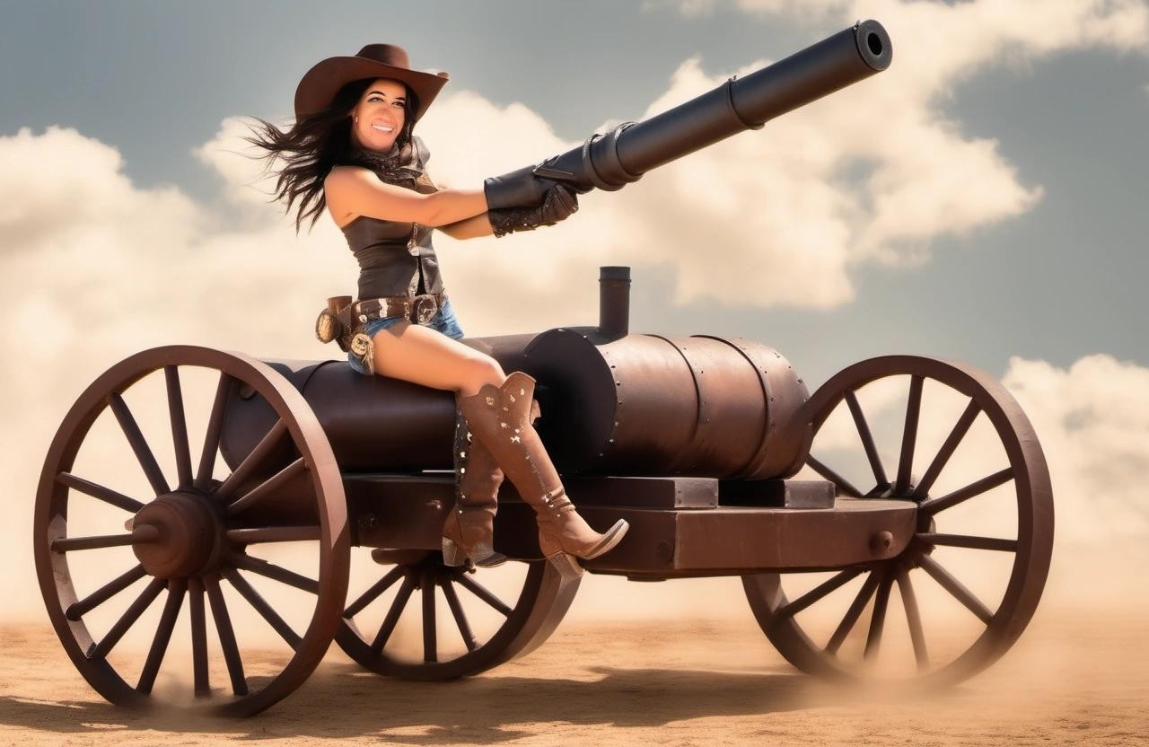 Image with seed 753321612 generated via Stable Diffusion through @stablehorde@sigmoid.social. Prompt: a sexy cowgirl riding a cannon