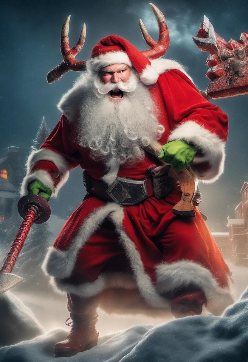 Image with seed 3236554379 generated via Stable Diffusion through @stablehorde@sigmoid.social. Prompt: Santa clause as a super hero with a two handed battle axe doing battle with an alien krampus