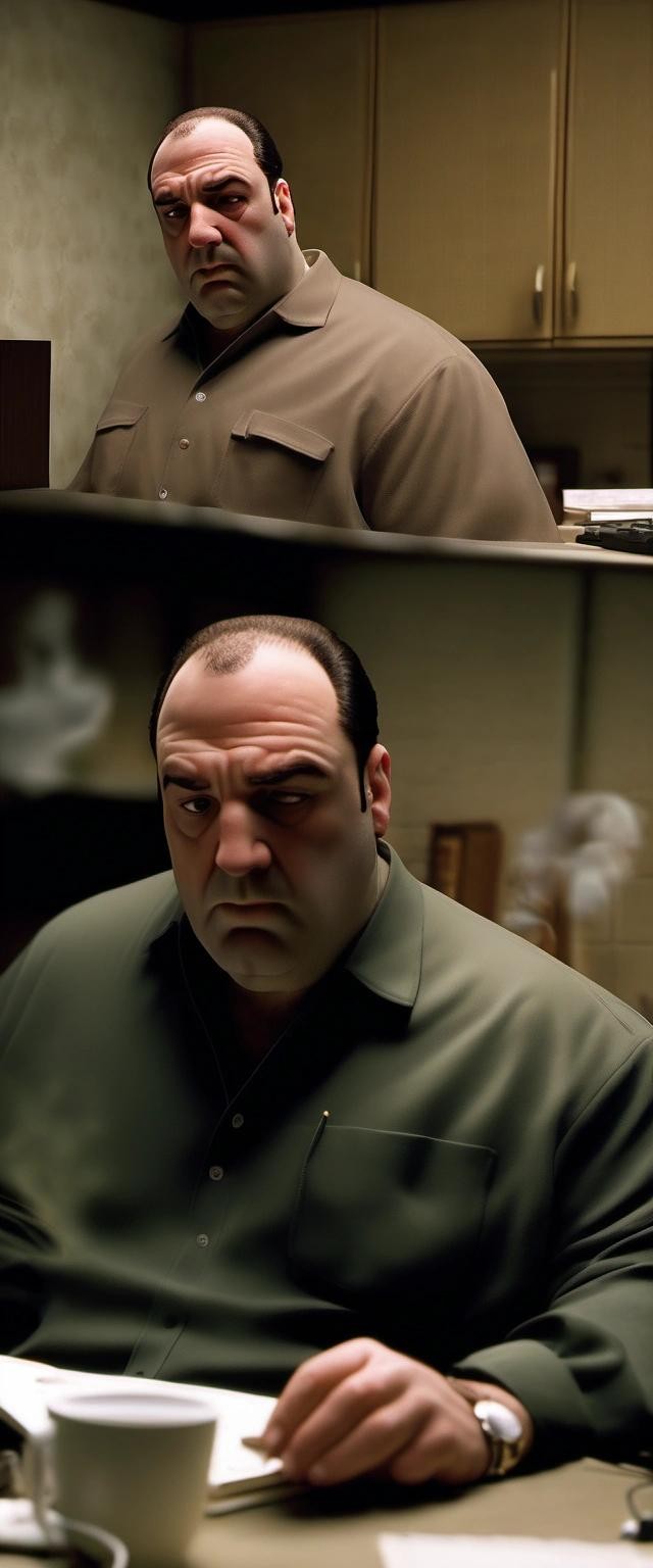Image with seed 3150403506 generated via Stable Diffusion through @stablehorde@sigmoid.social. Prompt: tony soprano on the incident call, having trouble sharing his screen because of the firewall