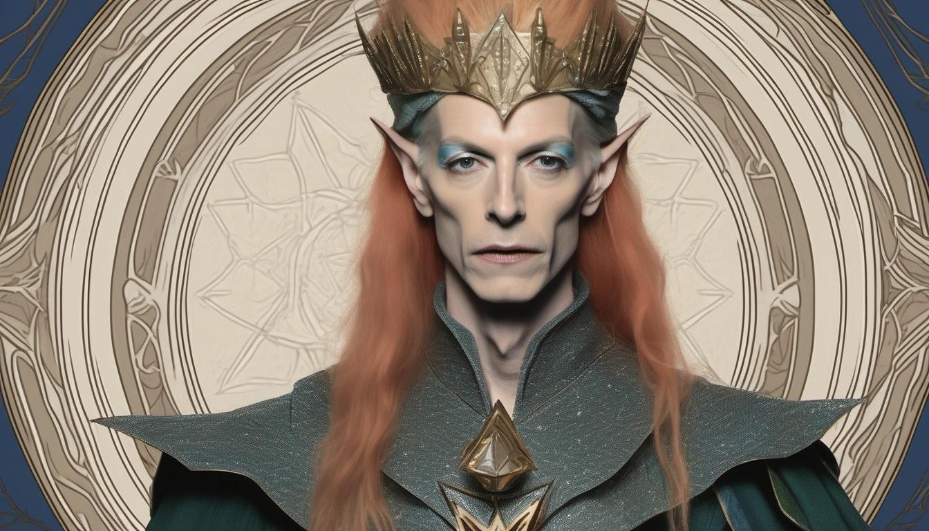 Image with seed 4093140757 generated via Stable Diffusion through @stablehorde@sigmoid.social. Prompt: High Elven King David Bowie