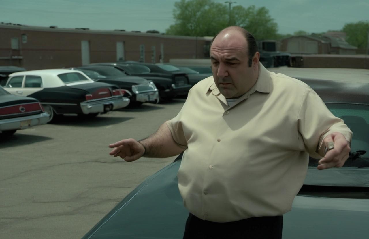 Image with seed 3294504731 generated via Stable Diffusion through @stablehorde@sigmoid.social. Prompt: tony soprano getting parked in a porking lot