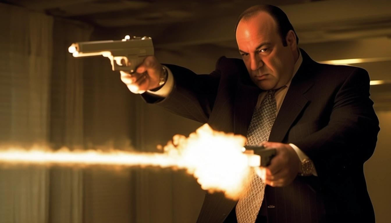 Image with seed 842904338 generated via Stable Diffusion through @stablehorde@sigmoid.social. Prompt: tony soprano firing a 6-megawatt laser