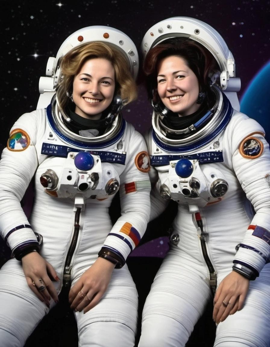 Image with seed 4257444867 generated via Stable Diffusion through @stablehorde@sigmoid.social. Prompt: First Lesbian Couple In Space
