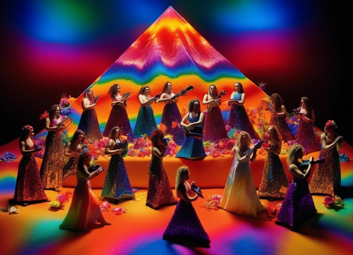 Image with seed 3096741349 generated via Stable Diffusion through @stablehorde@sigmoid.social. Prompt: a ceramic diorama of an all woman rock band performing on a pyramid of burning cybertrucks , by Carlos Santos and Christine tennenholtz Lisa Frank, floral, glossy ceramic flowers, Rainbow prism, spectral colors, refracted light, vibrant hues, dazzling display, Picturesque, Gut Feeling, Seasoned photographer, Olympus PEN-F, blooming beauty, delicate petals, intricate 3d floral patterns###2d printed drawing sketch cgi render cartoon comic manga animation anime lineart, plain background