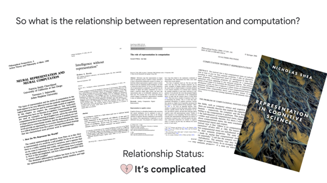 Slide: So what is the relationship between representation and computation?
Illustration: array of papers on the topic, including Churland & Sejnowksi's Neural Representation and Neural Computation, and Brooks's Intelligence Without Representation. Relationship status: It's complicated (heart with question mark).