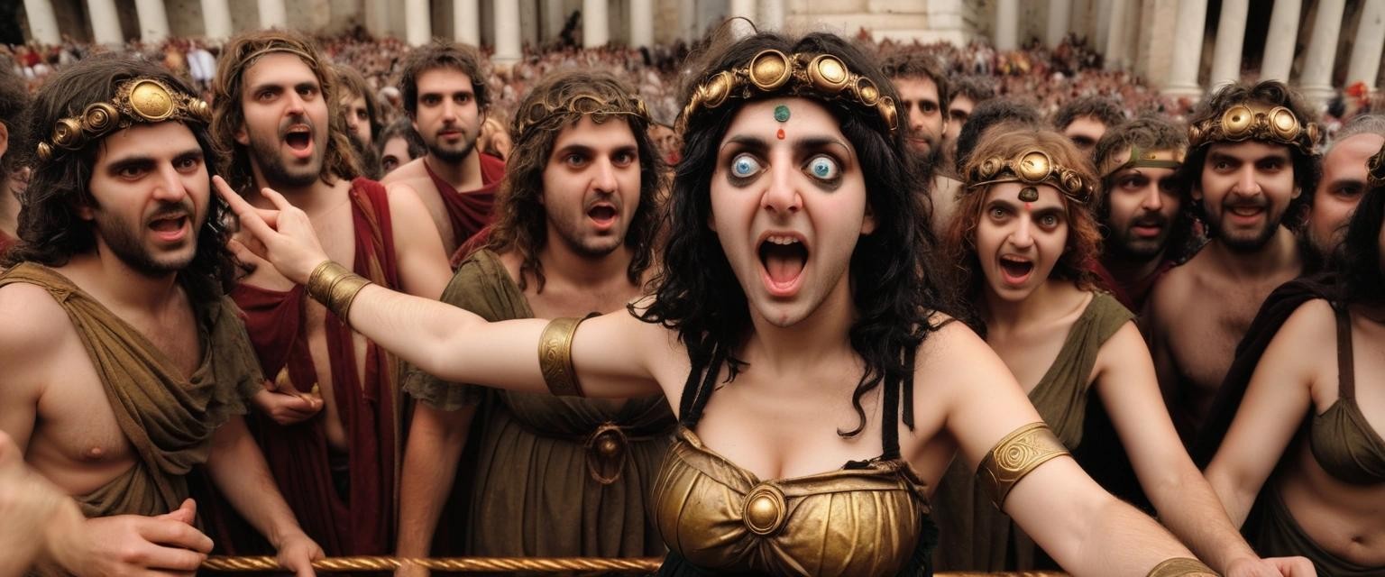 Image with seed 2790324671 generated via Stable Diffusion through @stablehorde@sigmoid.social. Prompt: Io Saturnalia! Pagan festival, Ancient Romans, pagan, (masterpiece), best quality, expressive eyes, perfect face