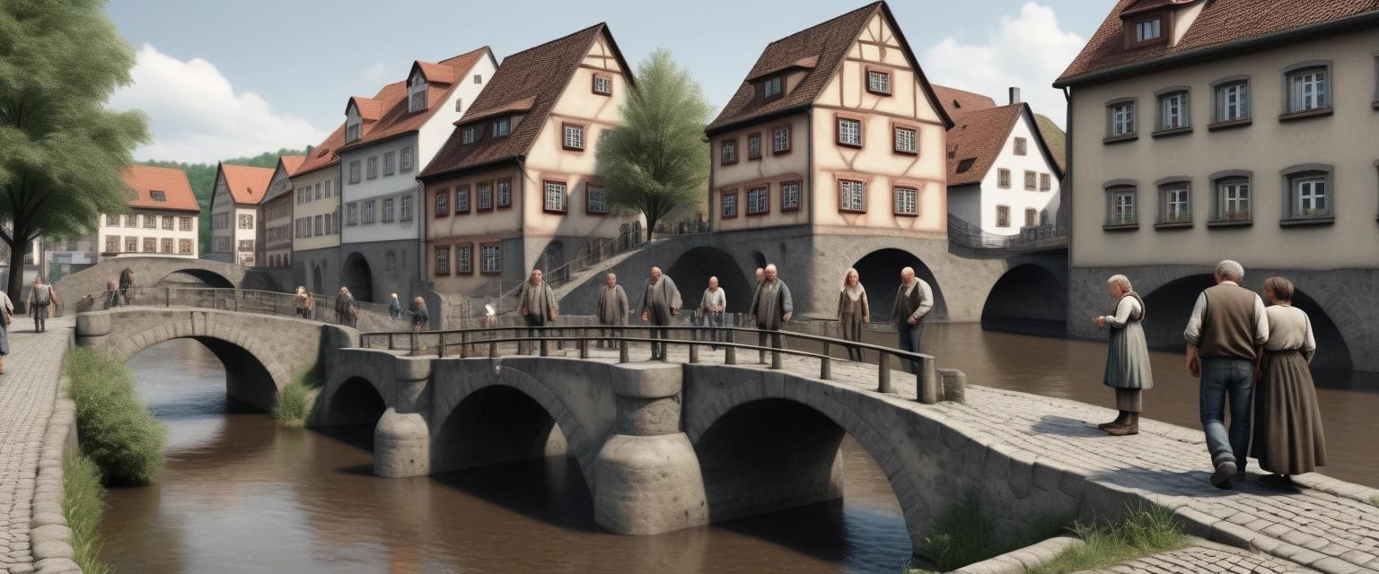 Image with seed 1863918233 generated via Stable Diffusion through @stablehorde@sigmoid.social. Prompt: photorealistic, ultra high quality, high definition. german middle age town. dirty. poor middle age working class men, women and children in the streets. stone bridge over a river.