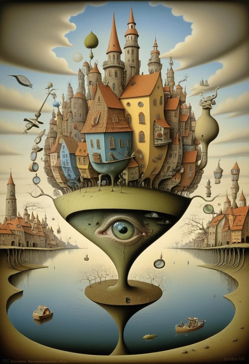 Image with seed 316803758 generated via Stable Diffusion through @stablehorde@sigmoid.social. Prompt: Uhrzeitkrebse, Surrealismus, Jacek Yerka, Gediminas Pranckevicius, Salvador Dali