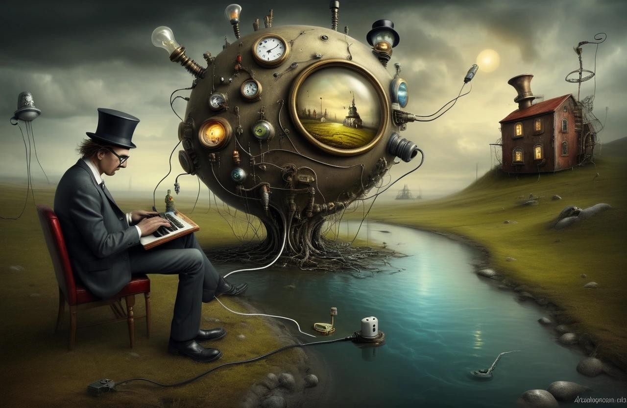 Image with seed 2065366206 generated via Stable Diffusion through @stablehorde@sigmoid.social. Prompt: Close-up image. 'Unplug it then plug it in again'. surreal, person, fantasy, oil painting, steampunk, Salvador Dali, Alexander Jansson, Erik Johansson, Rafat Oblinski