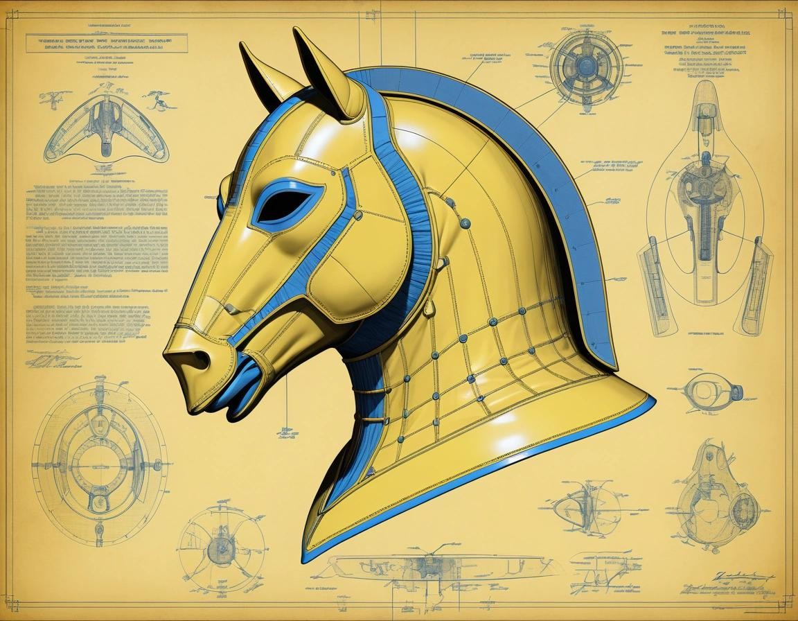 Image with seed 3002265962 generated via Stable Diffusion through @stablehorde@sigmoid.social. Prompt: 23rd century scientific schematics for a  yellow rubber horse mask hood, , blueprint, hyperdetailed vector technical documents, callouts, legend, patent registry, clean linework, crisp lines###, blurry