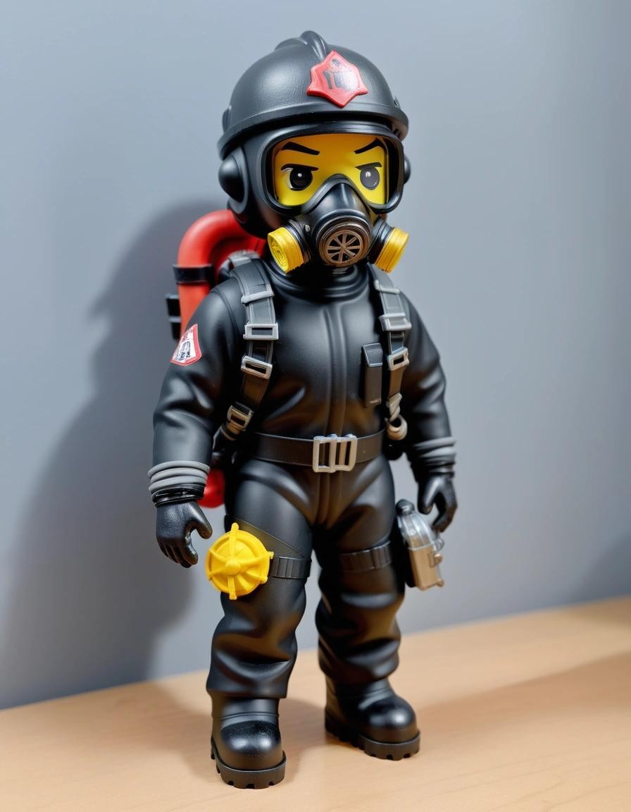 Image with seed 365850924 generated via Stable Diffusion through @stablehorde@sigmoid.social. Prompt: a male Funko figure wearing a black rubber Viking drysuit, wearing a firefighter helmet with a MSA millennium gas mask, in a climbing harness.