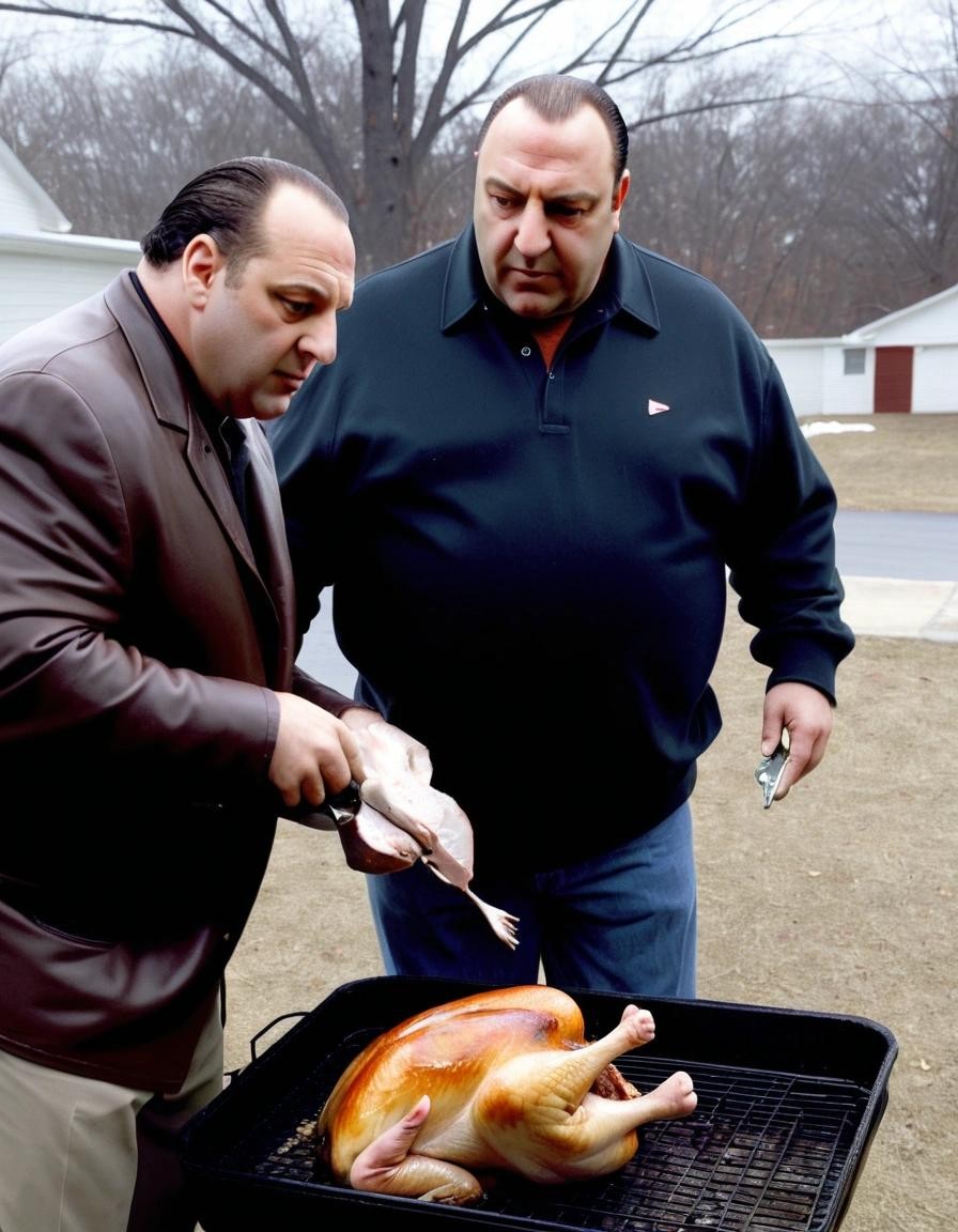 Image with seed 2138229698 generated via Stable Diffusion through @stablehorde@sigmoid.social. Prompt: tony soprano galvanizing a turkey