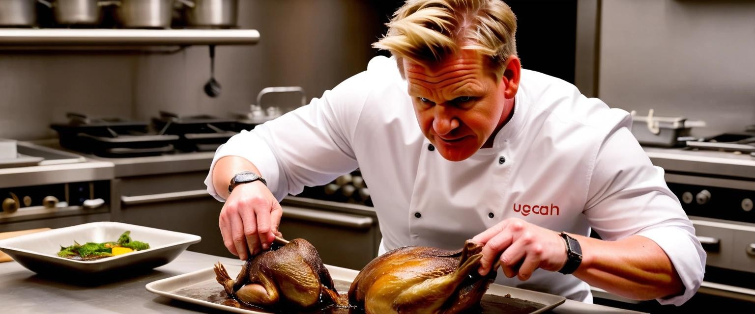 Image with seed 1804966181 generated via Stable Diffusion through @stablehorde@sigmoid.social. Prompt: gordon ramsay electroplating a roast duck
