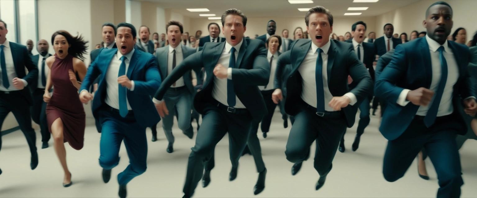 Image with seed 1852874783 generated via Stable Diffusion through @stablehorde@sigmoid.social. Prompt: a bunch of diverse people running in a room of people in suits, in the style of a lively action poses, movie still