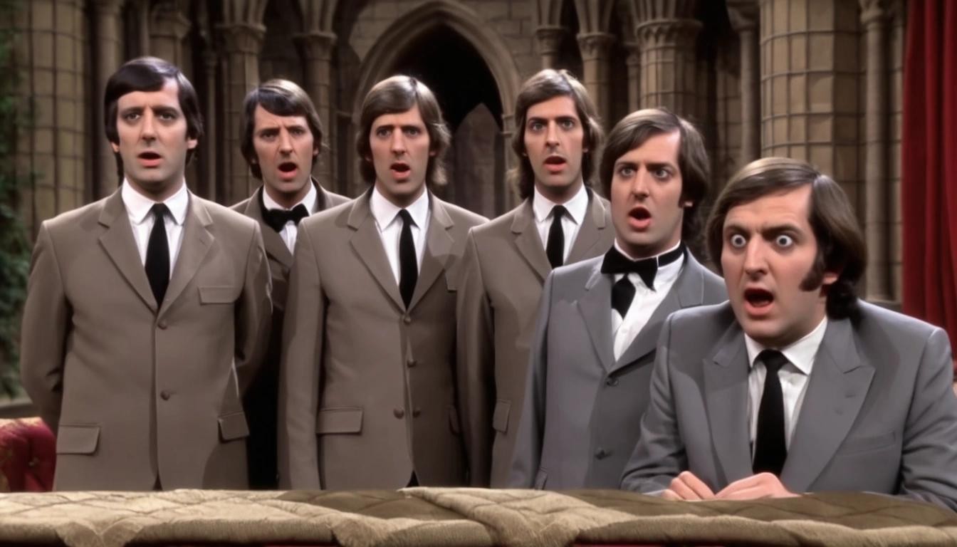 Image with seed 739199739 generated via Stable Diffusion through @stablehorde@sigmoid.social. Prompt: TV screenshot of a Monty Python sketch