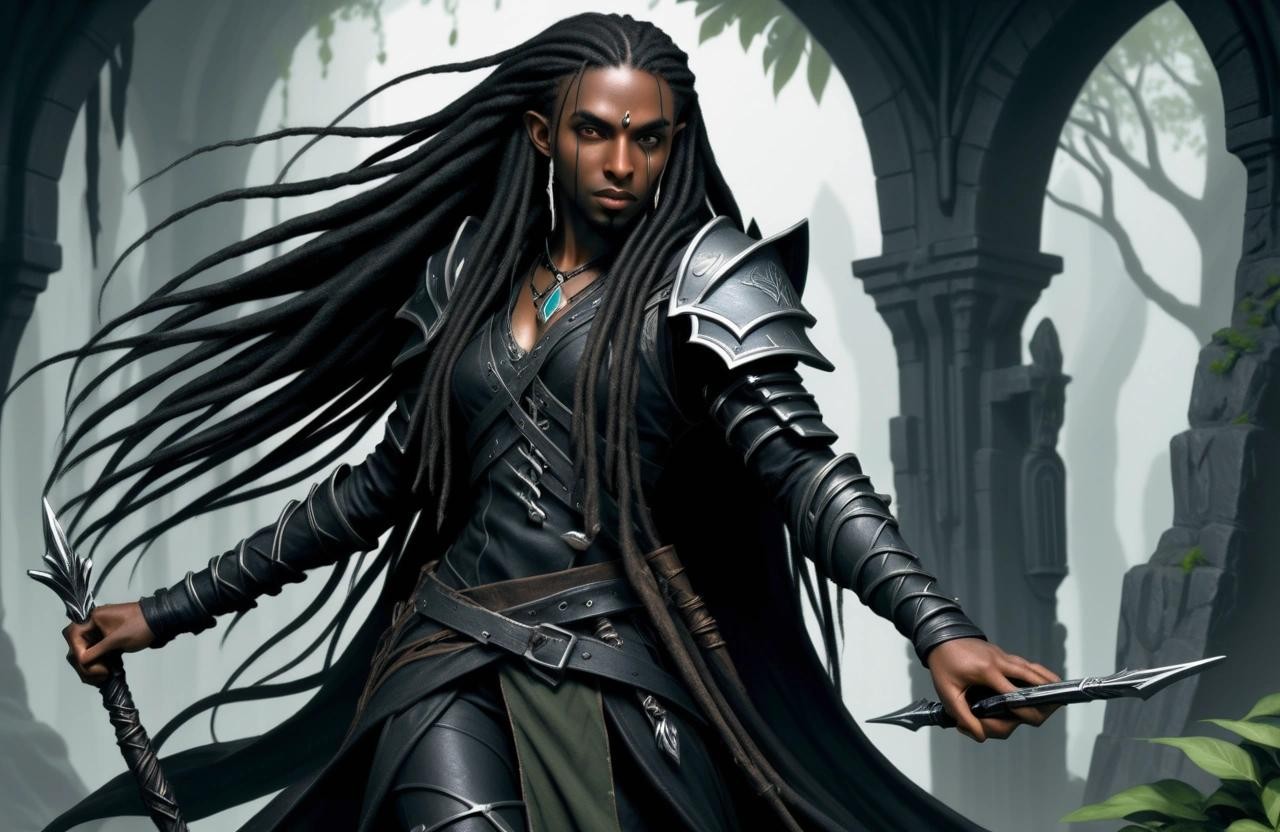 Image with seed 1857968436 generated via Stable Diffusion through @stablehorde@sigmoid.social. Prompt: a black elven ranger with long dreadlocks, fantasy, dungeons & dragons