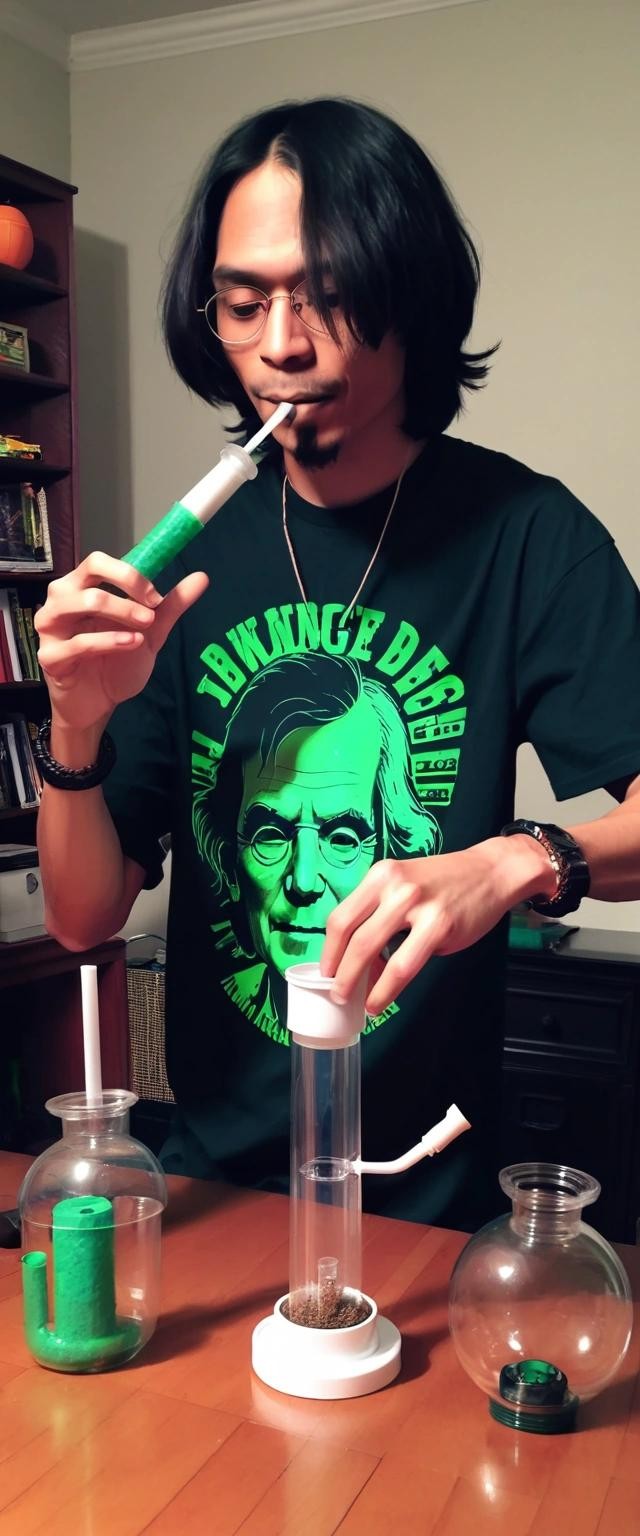 Image with seed 576492384 generated via Stable Diffusion through @stablehorde@sigmoid.social. Prompt: jefferson bong inventing the bong by trying to smoke weed twice at the same time