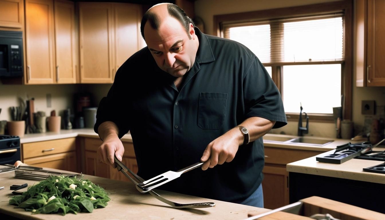 Image with seed 3327741538 generated via Stable Diffusion through @stablehorde@sigmoid.social. Prompt: tony soprano forging the best salad tongs in his boulder, colorado, living room