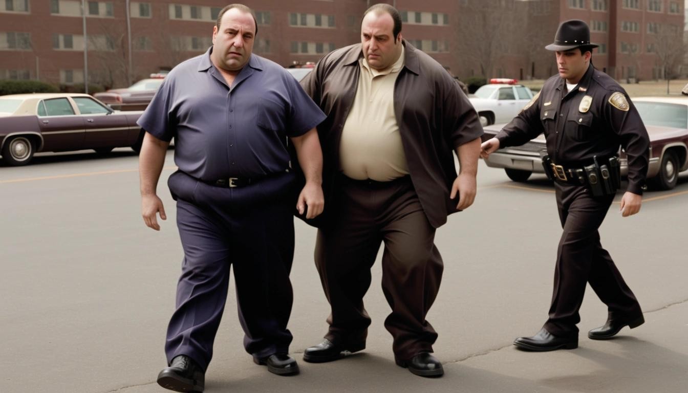 Image with seed 1492752697 generated via Stable Diffusion through @stablehorde@sigmoid.social. Prompt: Tony Soprano getting arrested for wearing really big boots