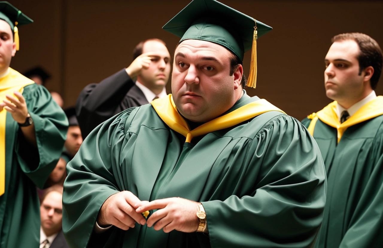 Image with seed 3907496288 generated via Stable Diffusion through @stablehorde@sigmoid.social. Prompt: tony soprano graduating cumma sum laude from baylor