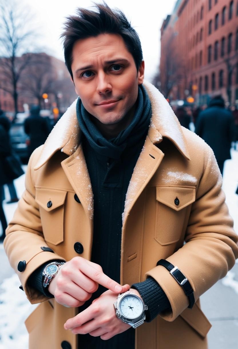Image with seed 375296657 generated via Stable Diffusion through @stablehorde@sigmoid.social. Prompt: a guy trying to sell you a totally legit watch from his coat