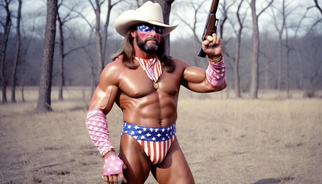 Image with seed 3158545725 generated via Stable Diffusion through @stablehorde@sigmoid.social. Prompt: Macho Man Randy Savage hunting a politician for sport.