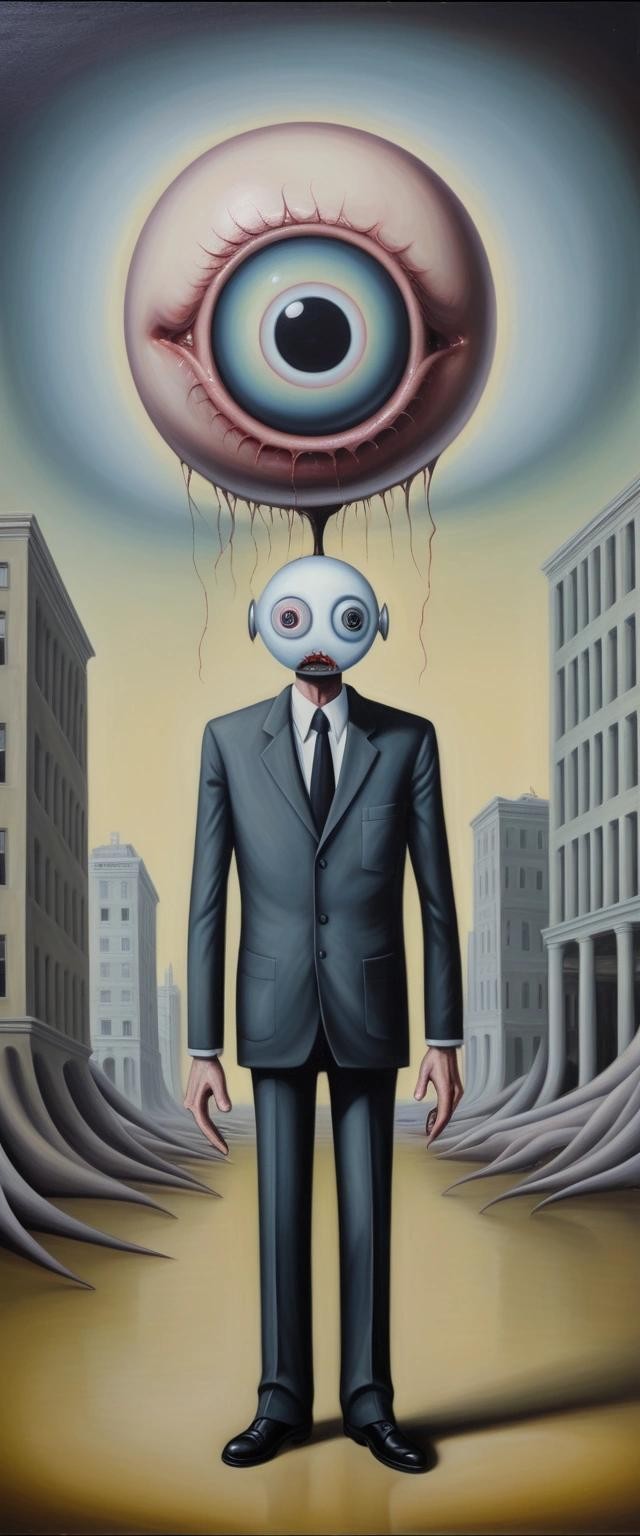 Image with seed 4192912211 generated via Stable Diffusion through @stablehorde@sigmoid.social. Prompt: oil on canvas, surrealism, a man with a single giant eyeball instead of a head wearing a suit, standing in a surreal bureaucratic dada nightmare