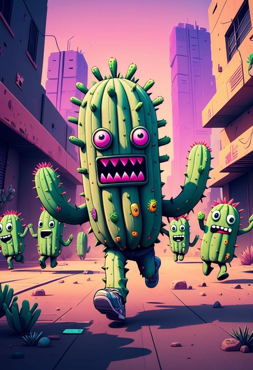 Image with seed 3836176464 generated via Stable Diffusion through @stablehorde@sigmoid.social. Prompt: A humanoid cactus creature running away from a pack of wild emoji, urban background, cyberpunk, cartoonish, silly