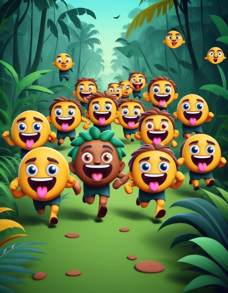 Image with seed 1395781796 generated via Stable Diffusion through @stablehorde@sigmoid.social. Prompt: a pack of wild emoji running through the jungle, silly, cartoonish