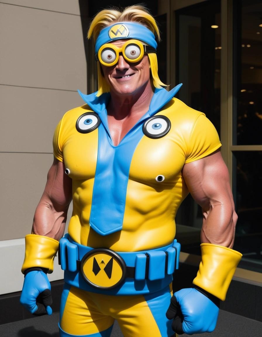 Image with seed 2030194194 generated via Stable Diffusion through @stablehorde@sigmoid.social. Prompt: Dolph Lungren dressed as a Minion.