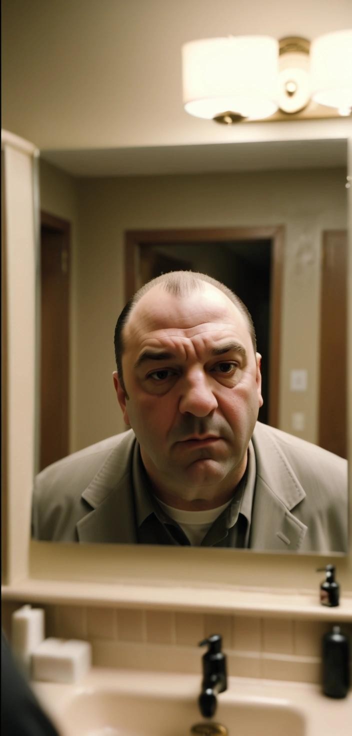 Image with seed 1269244426 generated via Stable Diffusion through @stablehorde@sigmoid.social. Prompt: tony soprano taking an out-of-focus and blurry selfie in the bathroom mirror