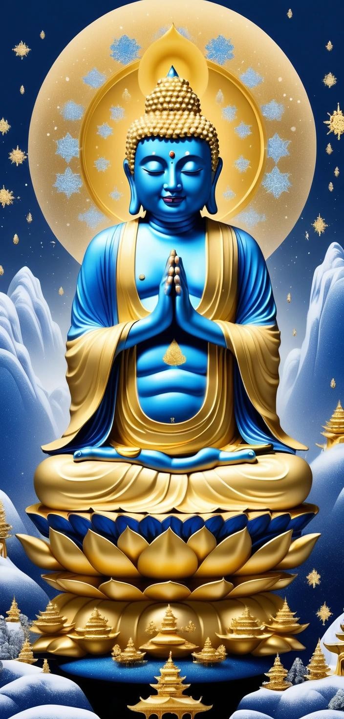 Image with seed 715281837 generated via Stable Diffusion through @stablehorde@sigmoid.social. Prompt: snowflakes of 24 karat gold falling over a blue meditating Buddha on top of a holy mountain, realistic, glittering, serene.